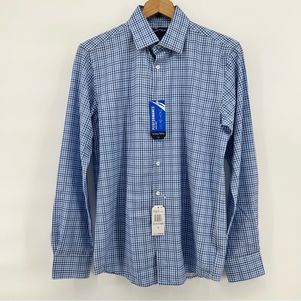 Nautica Slim Fit Performance Dress Shirt Mens Small Blue‎ Gingham Stretch NWT
